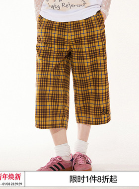 EMPTY REFERENCE松弛感黄色慵懒复古格纹刺绣宽松廓形短裤八分裤