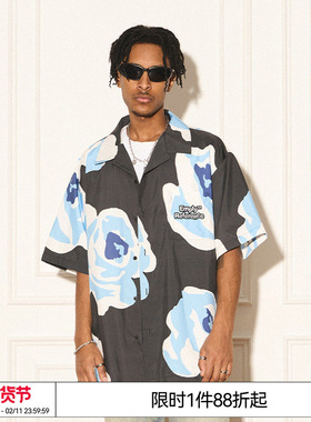 EMPTY REFERENCE美式复古黑色手绘玫瑰短袖休闲沙滩衬衫外搭