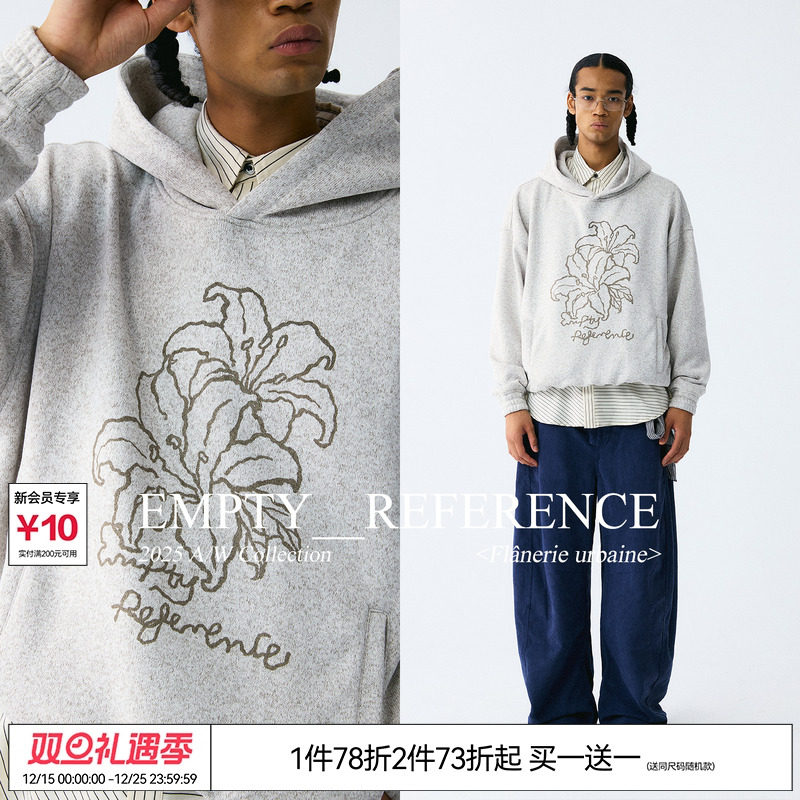 EMPTY REFERENCE编织质感复古手绘花朵印花上衣宽松重磅连帽卫衣