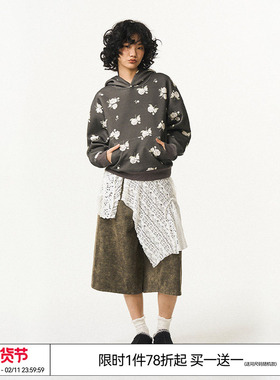 EMPTY REFERENCE美式复古原创玫瑰碎花休闲灰色长袖连帽卫衣