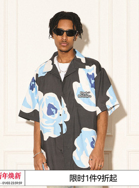 EMPTY REFERENCE美式复古黑色手绘玫瑰短袖休闲沙滩衬衫外搭