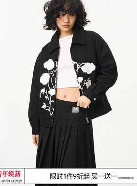 EMPTY REFERENCE美式复古原创白色花束丝印翻领休闲宽松夹克外套