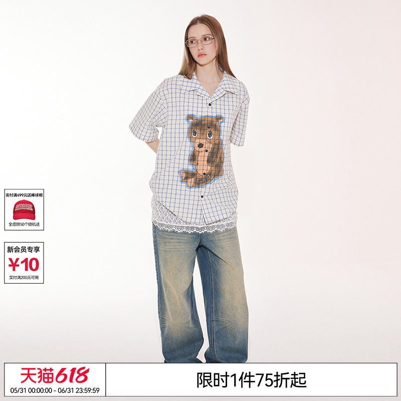 杨涵博李诞EMPTYREFERENCE手绘悲伤小熊做旧直喷印花格纹短袖衬衫