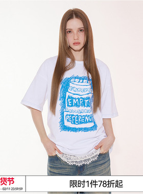 EMPTY REFERENCE慵懒复古手绘白色印花柔软亲肤宽松圆领短袖T恤