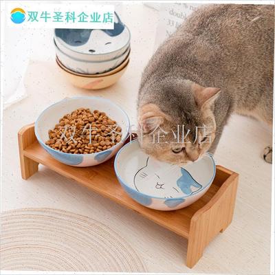 陶瓷猫碗架子保护颈椎高脚双碗防E滑猫饭碗猫粮碗防溅防打翻猫水.