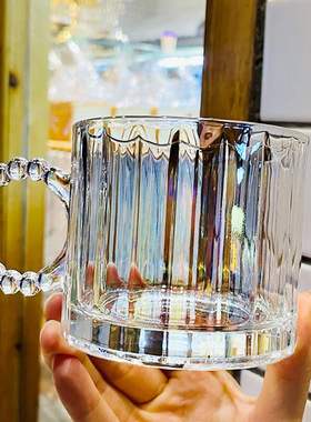 玻璃杯小众小泡泡圆环带把玻璃水杯极光镭射啤酒杯家用咖啡杯
