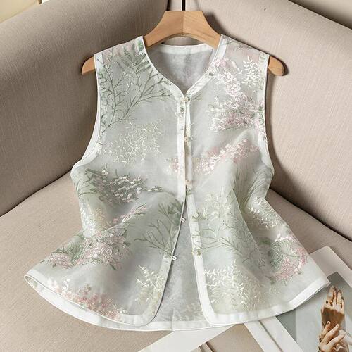 新中式国风外套薄款女秋季高级感气质刺绣马甲上衣通勤衬衫内搭