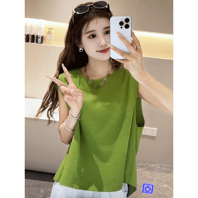 绿色圆领气质无袖雪纺衬衫女夏款2025新款爆款开叉设计显瘦上衣女