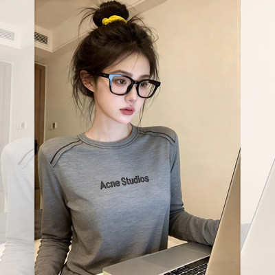 灰色圆领正肩长袖t恤女春季2026新款宽松内搭针织打底衫春装上衣