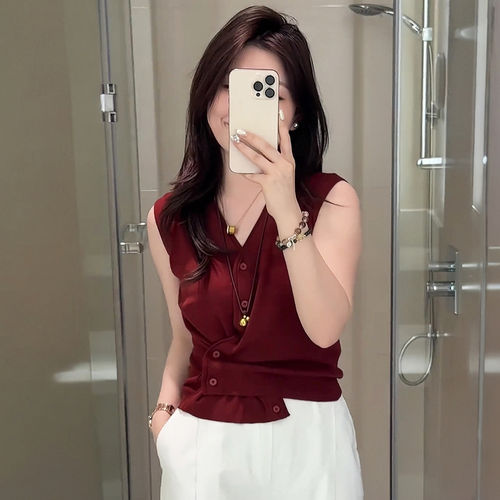 不规则收腰V领冰丝针织衫女2025新款爆款超好看无袖背心针织上衣