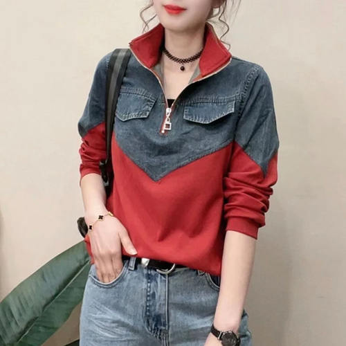 拼接牛仔卫衣女2026春秋新款休闲时尚立领半拉链洋气百搭长袖上衣