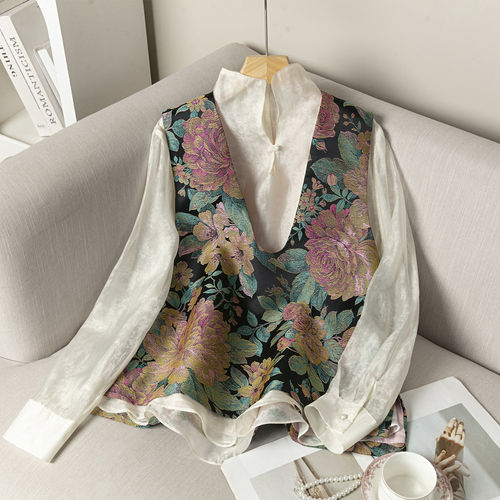 马甲印花中长款2026女春秋无袖坎肩马夹背心新中式国风上衣两件套