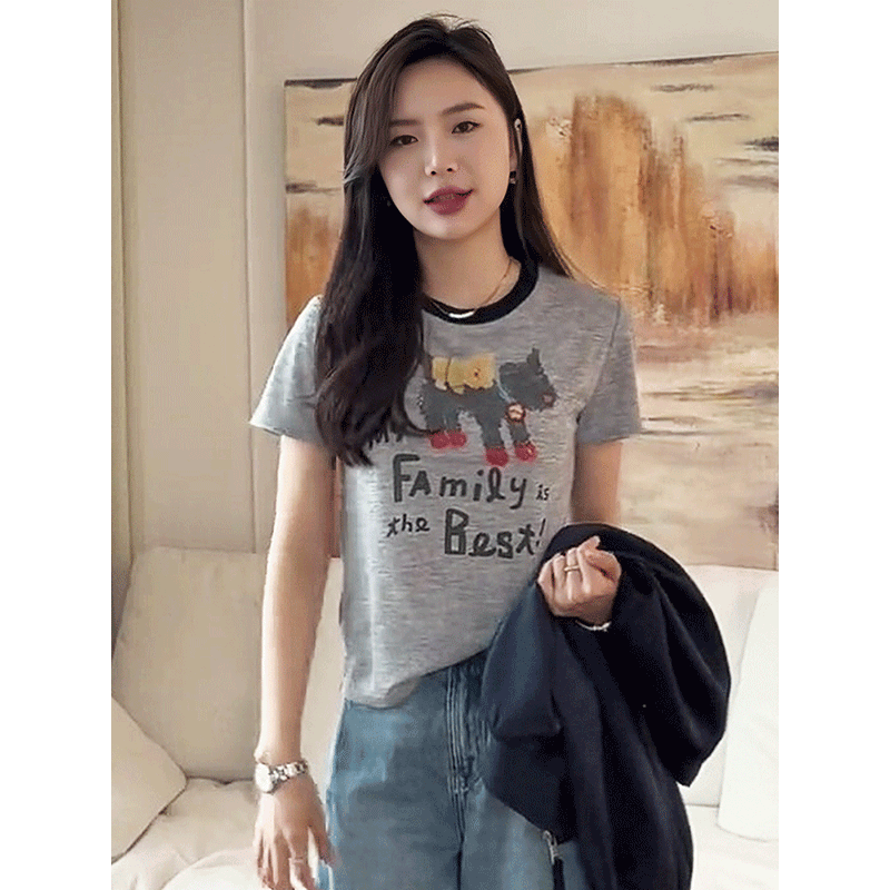 卡通小狗印花撞色短袖t恤女2026新款夏季独特别致圆领显瘦上衣女