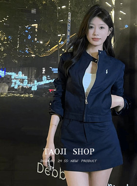 藏蓝色套装裙女早春季新款气质显瘦长袖短款外套高腰半身裙两件套