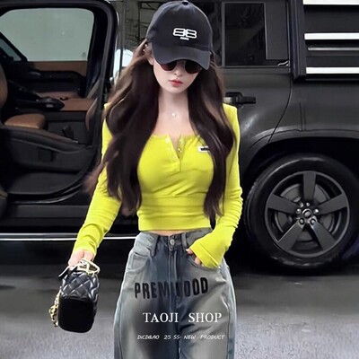 美式辣妹半开领小口袋长袖t恤女春季新款修身显瘦打底衫短款上衣