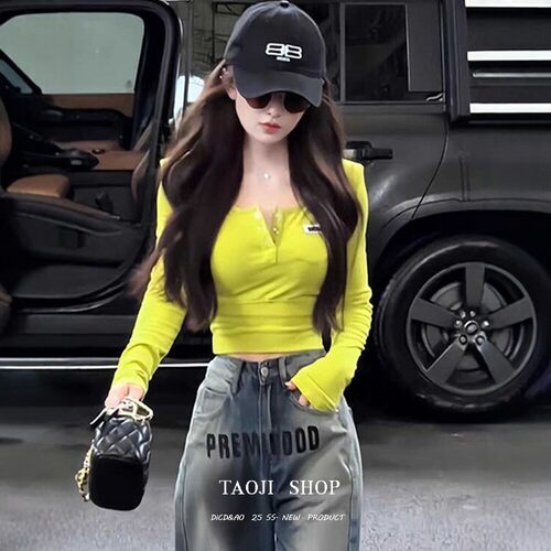 美式辣妹半开领小口袋长袖t恤女春季新款修身显瘦打底衫短款上衣