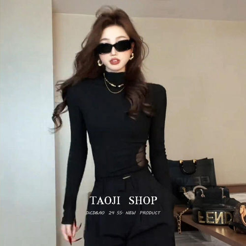 纯欲风黑色网纱拼接针织上衣女士春秋新款修身显瘦气质内搭打底衫