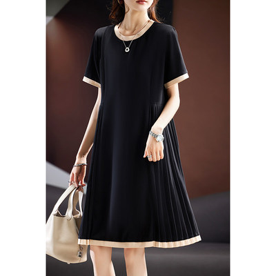 素木时尚百褶雪纺连衣裙女2026年夏季新款黑色裙子欧洲站大码女装