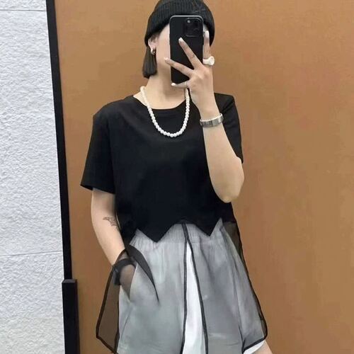 圆领短袖T恤女2026夏季新款韩版休闲时尚拼接网纱设计百搭上衣潮