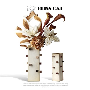 侘寂风日式方形几何积木黄色陶瓷花瓶售楼处客厅玄关花器插花花艺