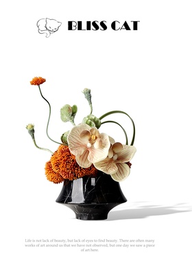 新中式黑色大理石花瓶插花架空层会所茶几卫生间花艺高级感小桌花