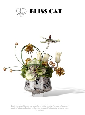 轻奢艺术玻璃小花瓶插花架空层酒店客厅茶几花艺高级感小桌花摆件