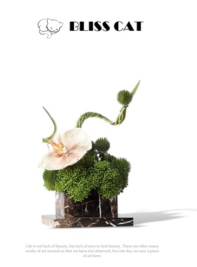 新中式艺术天然大理石方形花瓶花艺架空层售楼处客厅茶几桌花摆件