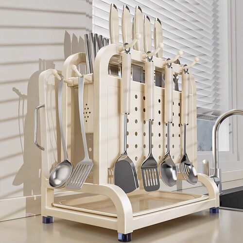 奶油风不锈钢厨房刀架置物架多功能菜板刀具筷笼一体放置收纳架