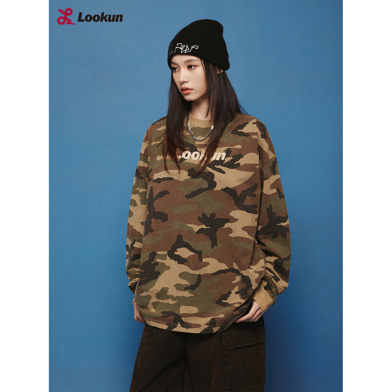 LOOKUN物空 休闲长袖T恤迷彩舒适百搭宽松复古男长袖情侣街头外套