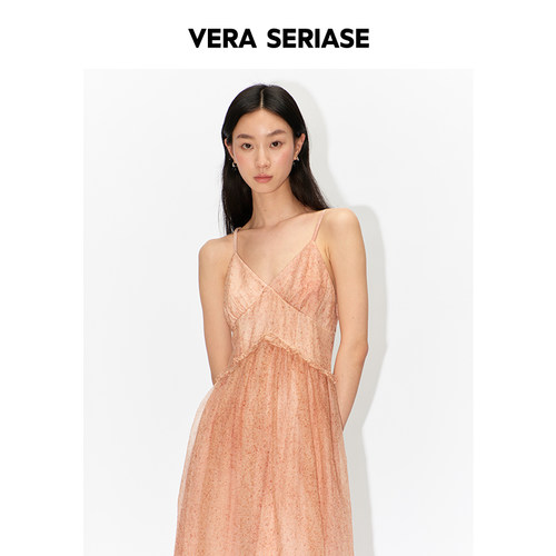 【Vera Seriase设计师品牌】夏季新款修身粉红花吊带连衣裙