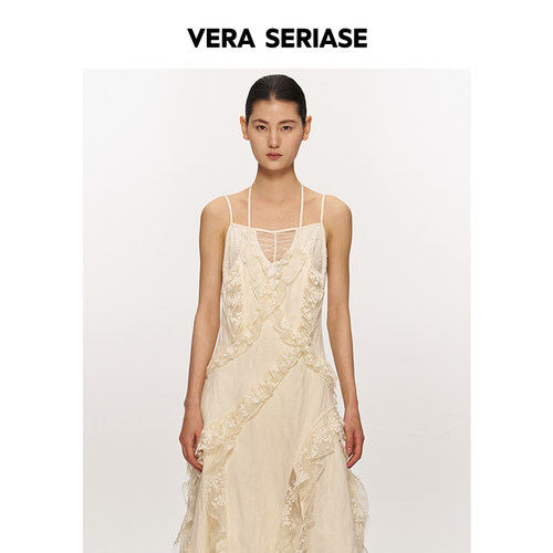 【Vera Seriase设计师品牌】夏季新款时尚杏色开衩吊带连衣裙