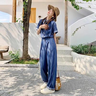 实拍短袖薄款牛仔连体衣女夏2025新款高腰显瘦设计感阔腿连体长裤