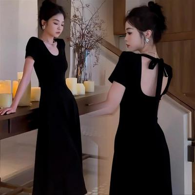 法式夏季高级感复古赫本风黑色露背连衣裙女气质收腰显瘦a字长裙