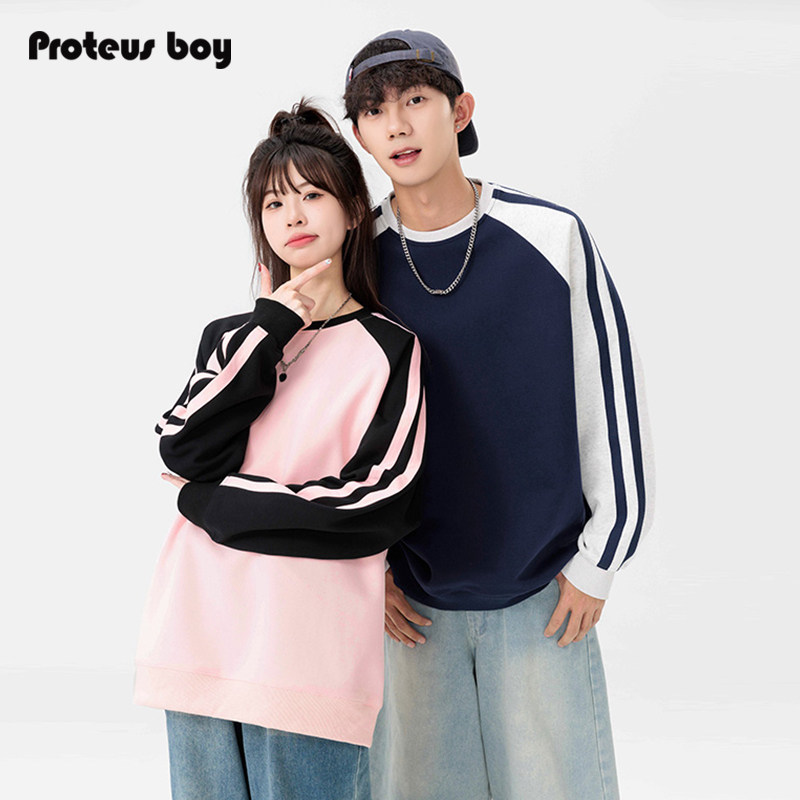 ProteusBoy卫衣男春秋冬季情侣美式撞色条纹休闲户外无帽圆领长袖