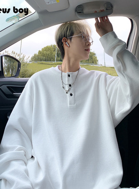 ProteusBoy 日系简约华夫格半开式纽扣内搭打底衫圆领长袖t恤 13