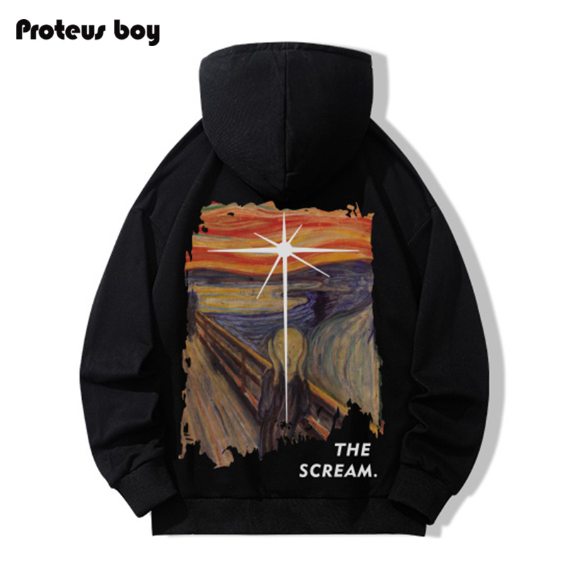 ProteusBoy卫衣男早春新款星耀复古油画呐喊字母印花宽松加绒连帽