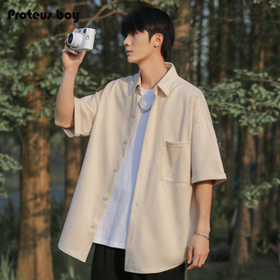 日系工装 男夏季 短袖 新款 寸衣外套装 衬衫 麂皮绒纯色翻领男生七分袖