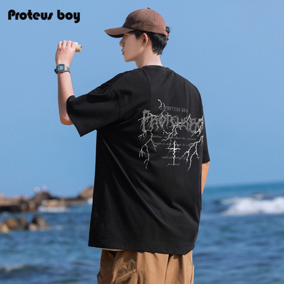 ProteusBoy短袖t恤男夏季美式雷电字母户外休闲五分半袖圆领上衣T