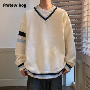 ProteusBoy毛衣男秋冬季款男生学院风复古拼色V领内搭长袖针织衫