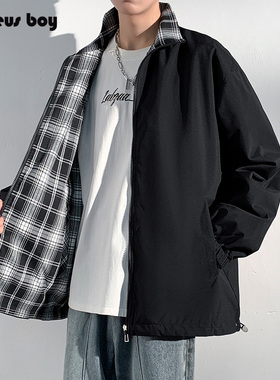 ProteusBoy外套男春秋季美式复古双面穿格纹户外运动防风立领夹克