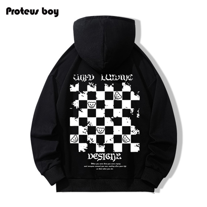 ProteusBoy卫衣男秋冬季棋盘格小熊字母印花连帽加绒厚新款男装潮