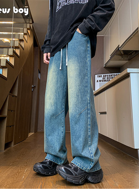 ProteusBoy 美式复古潮流百搭磨白休闲直筒抽绳松紧腰牛仔裤 8538