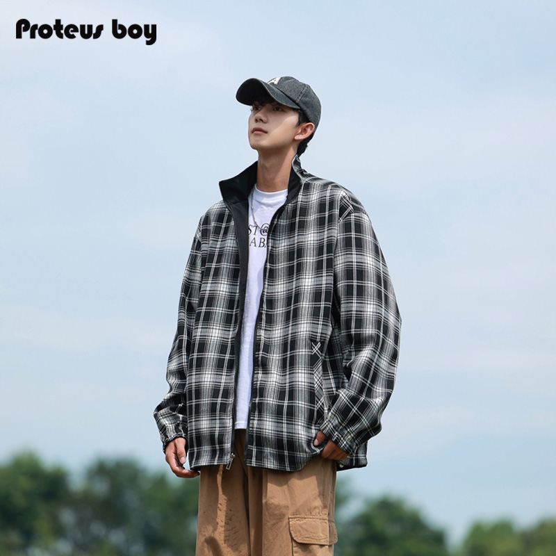 ProteusBoy外套男春秋款冬季美式复古双面穿格纹户外防风立领夹克