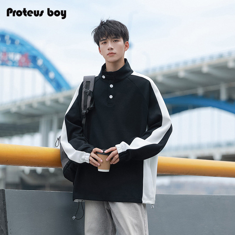 ProteusBoy卫衣男春秋冬季男生美式条纹户外运动半高领套头