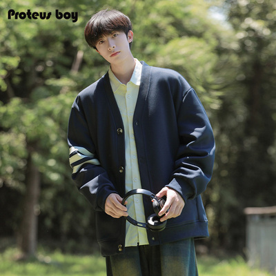 ProteusBoy 美式复古撞色条纹拼接针织外套排扣V领开衫卫衣 2445