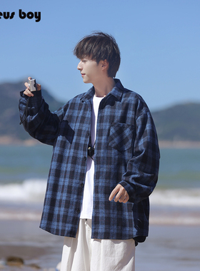 衬衫男长袖春秋季冬款日系复古休闲格子衬衣男士工装蓝色宽松外套