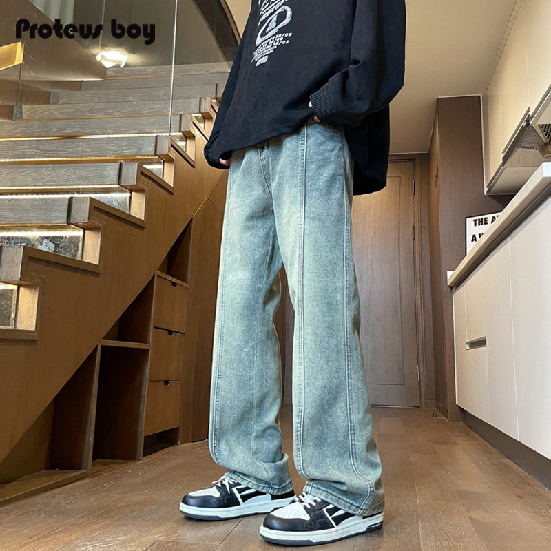 ProteusBoy牛仔裤男款春秋冬季美式复古做旧磨白直筒微喇叭休闲裤