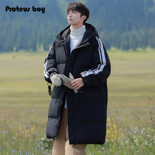 ProteusBoy 美式中长款条纹拼接防寒保暖加厚连帽面包棉服外套 55
