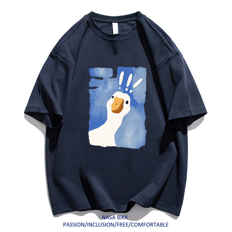 潮牌夏季新款男式短袖T恤宽松圆领大白鹅印花纯棉休闲百搭上衣