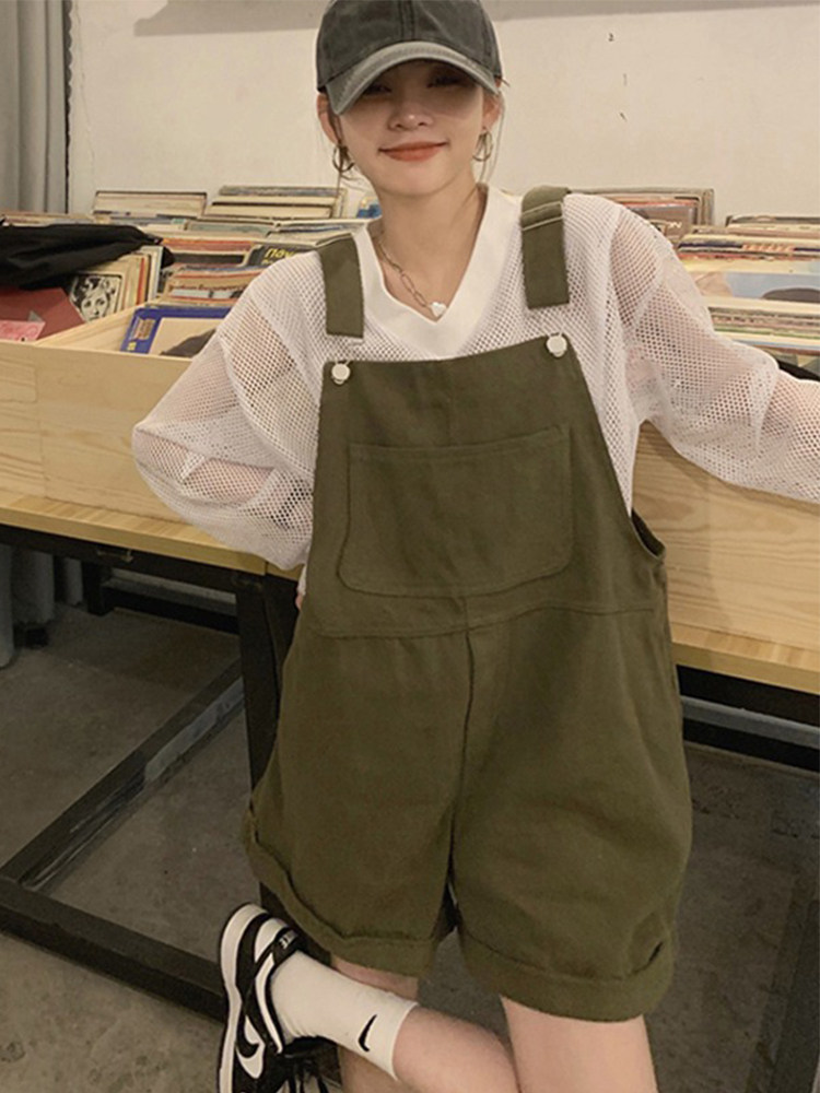 梨形身材牛仔背带裤女夏季新款大码胖mm韩系显瘦休闲阔腿五分短裤